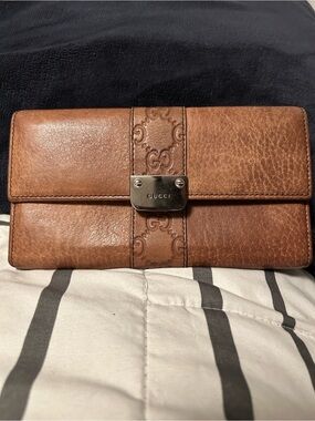 Gucci Tan/Brown Leather Embossed Continental Wallet with Metal Plate